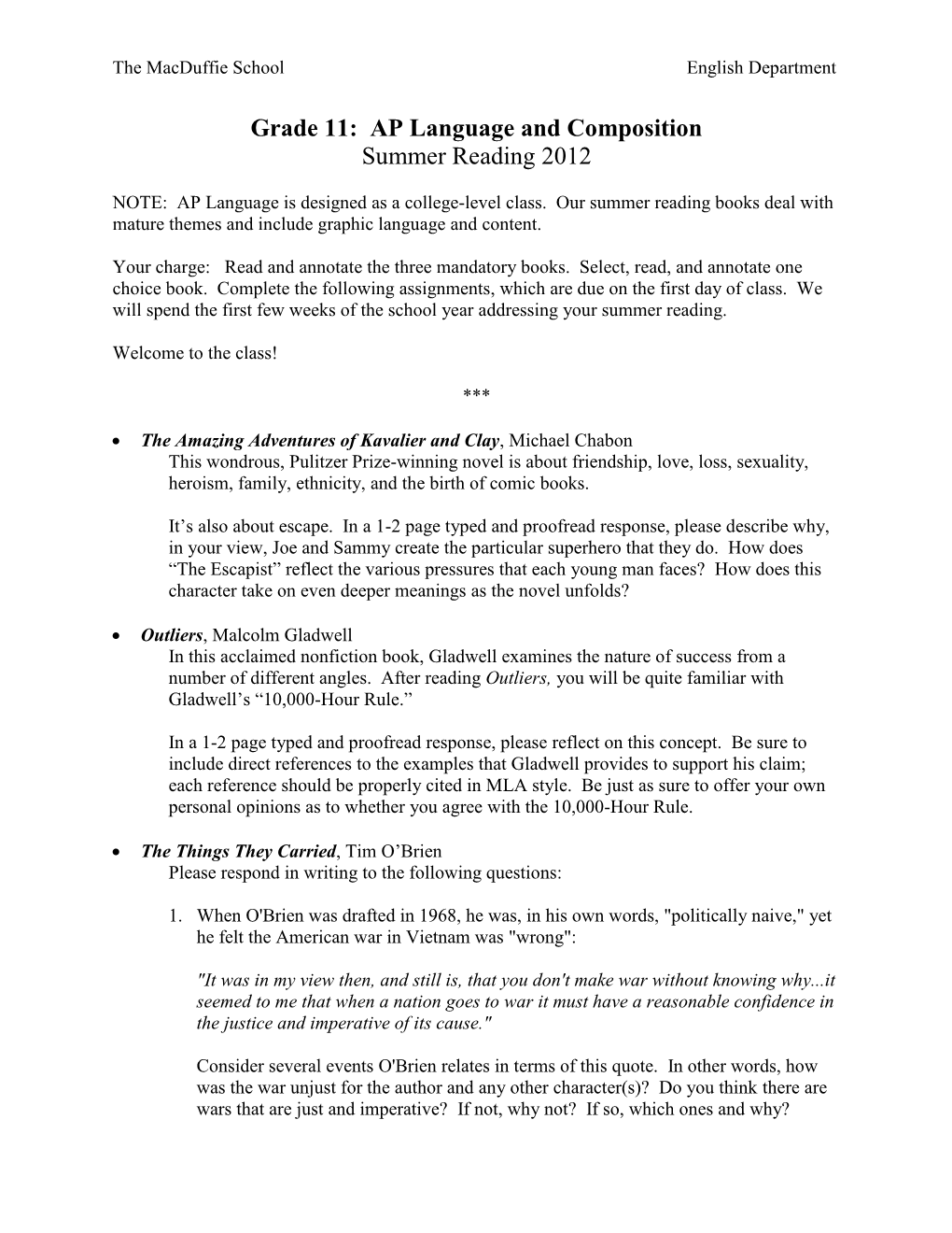 Grade 11: AP Language and Composition Summer Reading 2012