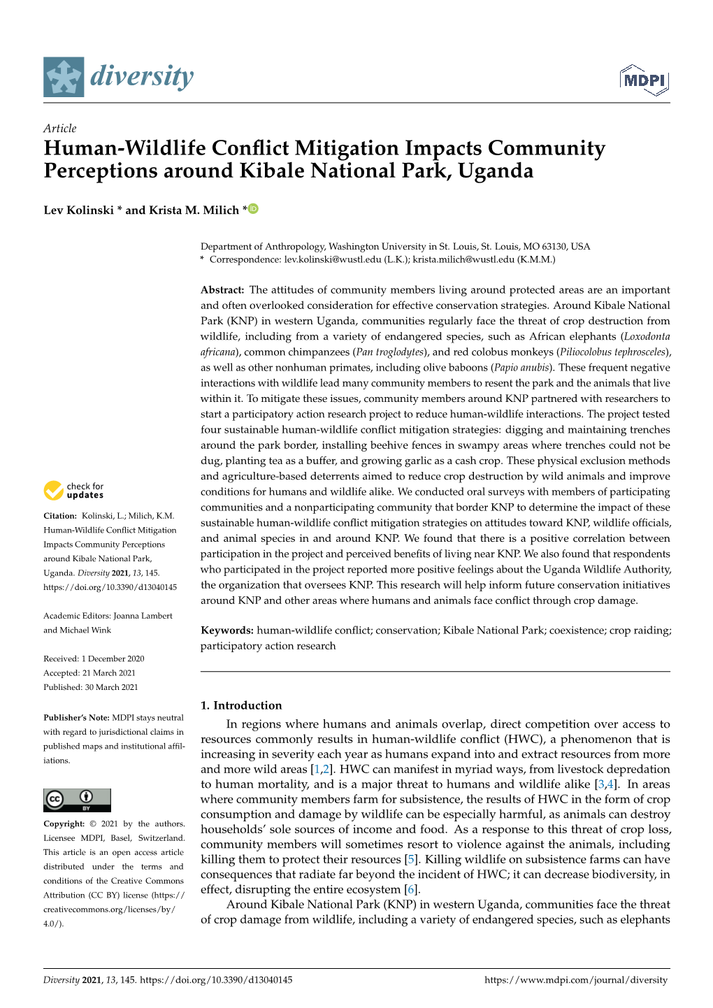 Human-Wildlife Conflict Mitigation Impacts Community Perceptions Around Kibale National Park, Uganda