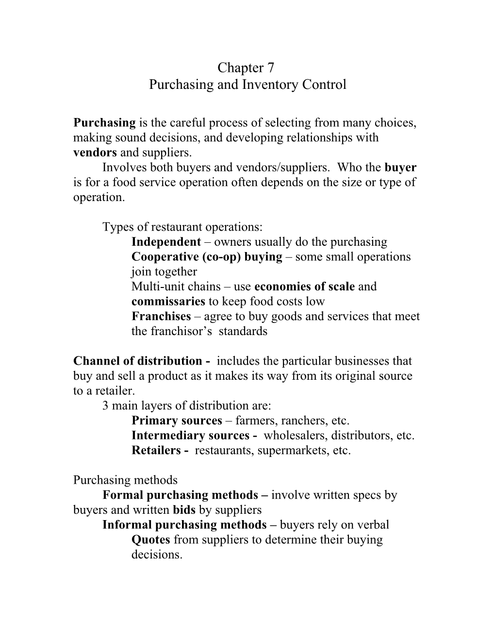 Purchasing and Inventory Control