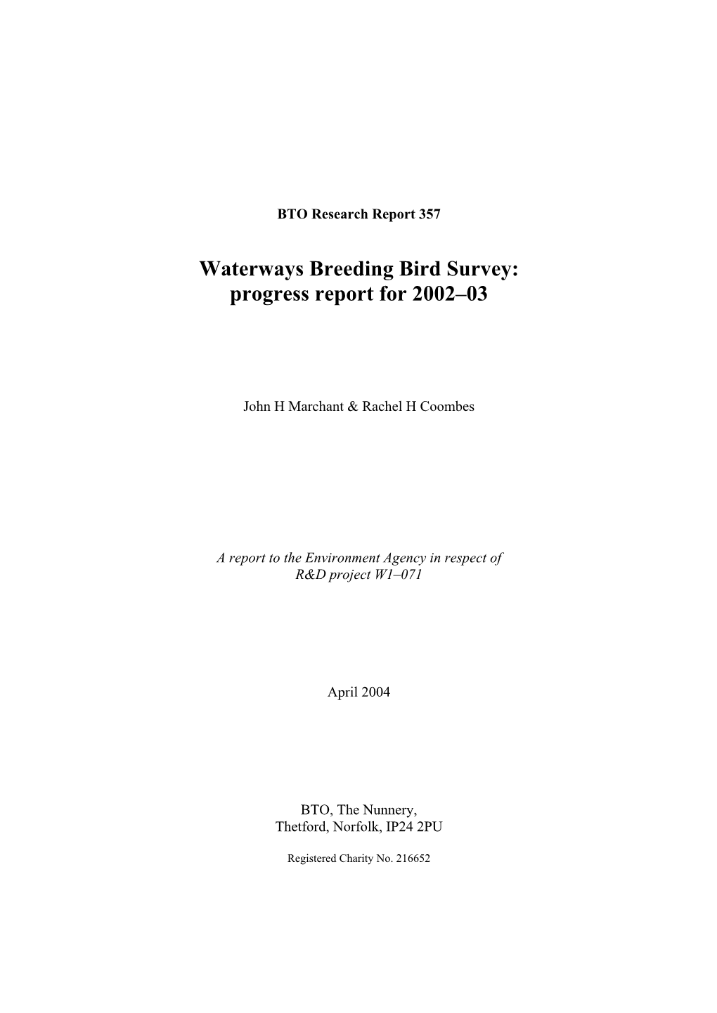 Waterways Breeding Bird Survey: Progress Report for 2002–03