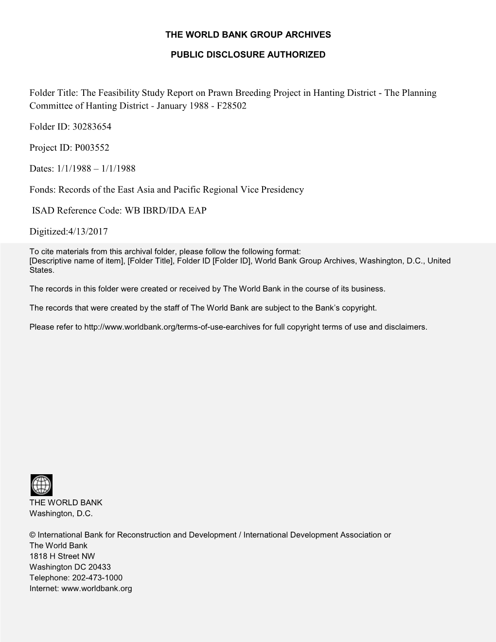 Folder Title: the Feasibility Study Report on Prawn Breeding Project in Hanting District - the Planning Committee of Hanting District - January 1988 - F28502