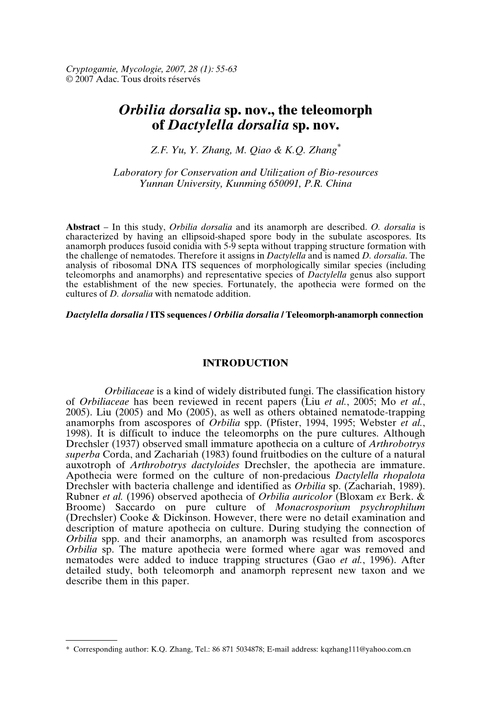 Orbilia Dorsalia Sp. Nov., the Teleomorph of Dactylella Dorsalia Sp