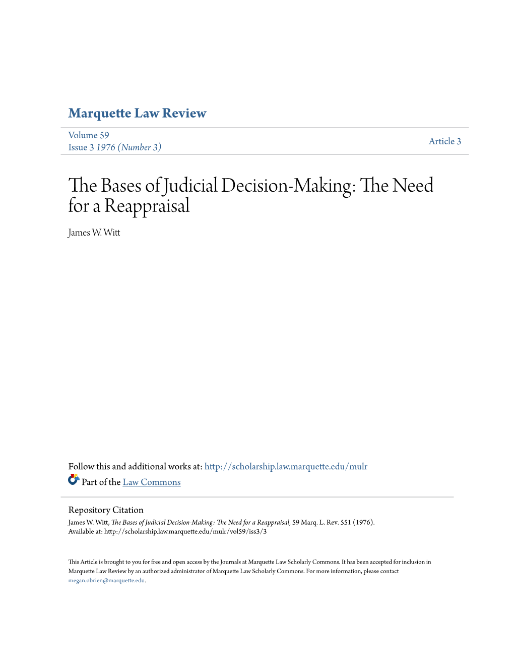 The Bases of Judicial Decision-Making: the Need for a Reappraisal, 59 Marq