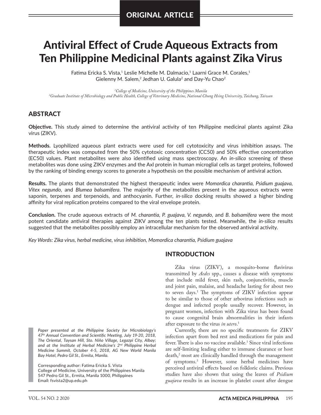 Antiviral Effect of Crude Aqueous Extracts from Ten Philippine Medicinal Plants Against Zika Virus
