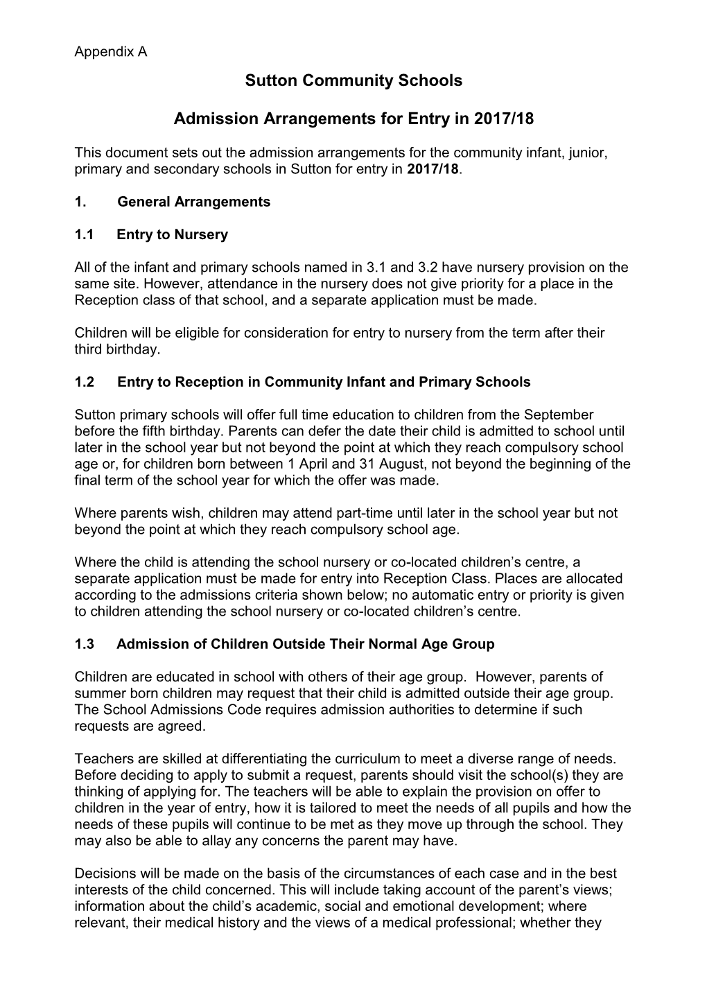 Sutton Community Schools Admission Arrangements for Entry in 2017/18