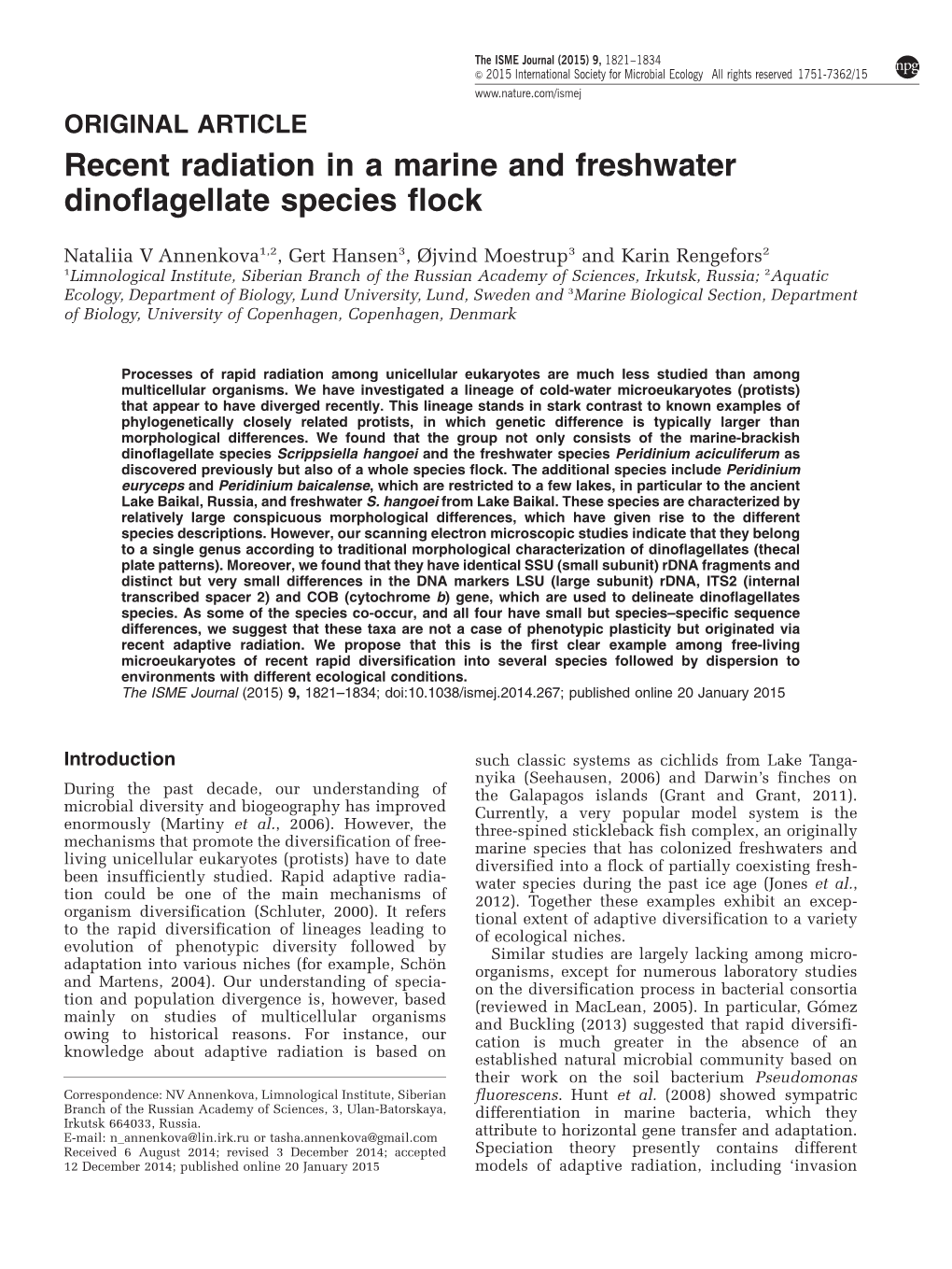 Recent Radiation in a Marine and Freshwater Dinoflagellate Species Flock