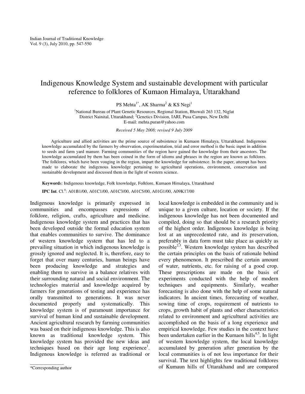 Indigenous Knowledge System and Sustainable Development with Particular Reference to Folklores of Kumaon Himalaya, Uttarakhand