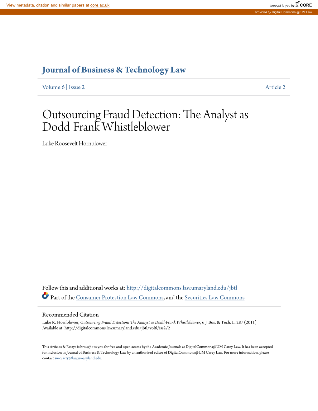 Outsourcing Fraud Detection: the Analyst As Dodd-Frank Whistleblower Luke Roosevelt Hornblower