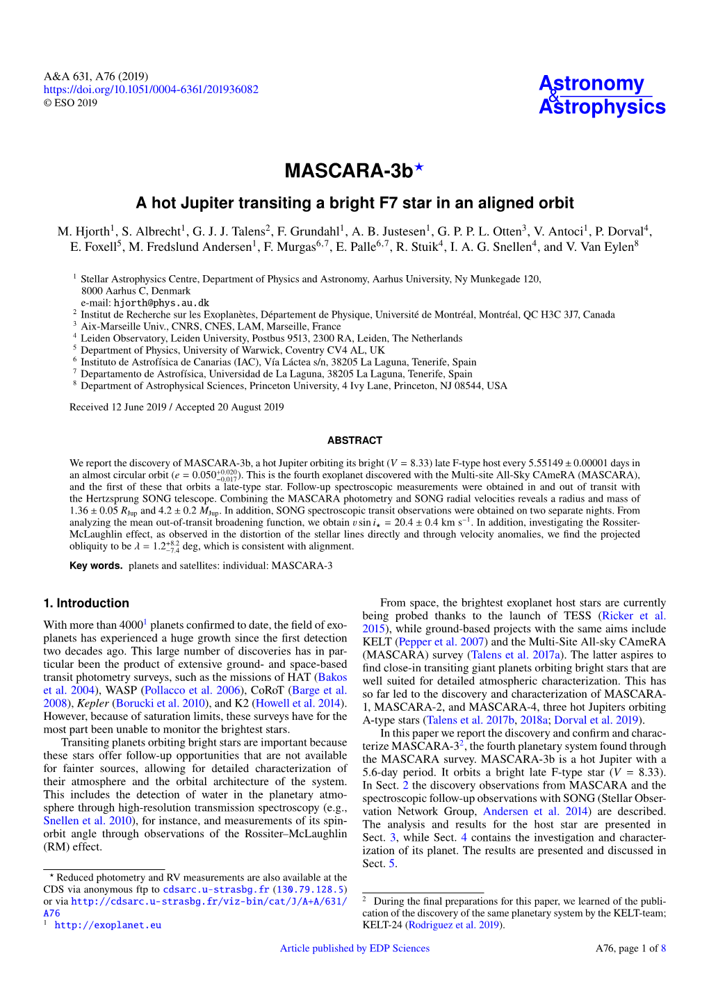 MASCARA-3B? a Hot Jupiter Transiting a Bright F7 Star in an Aligned Orbit M