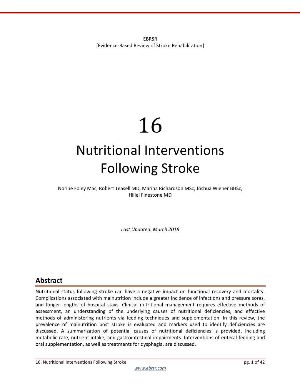 Nutritional Interventions Following Stroke