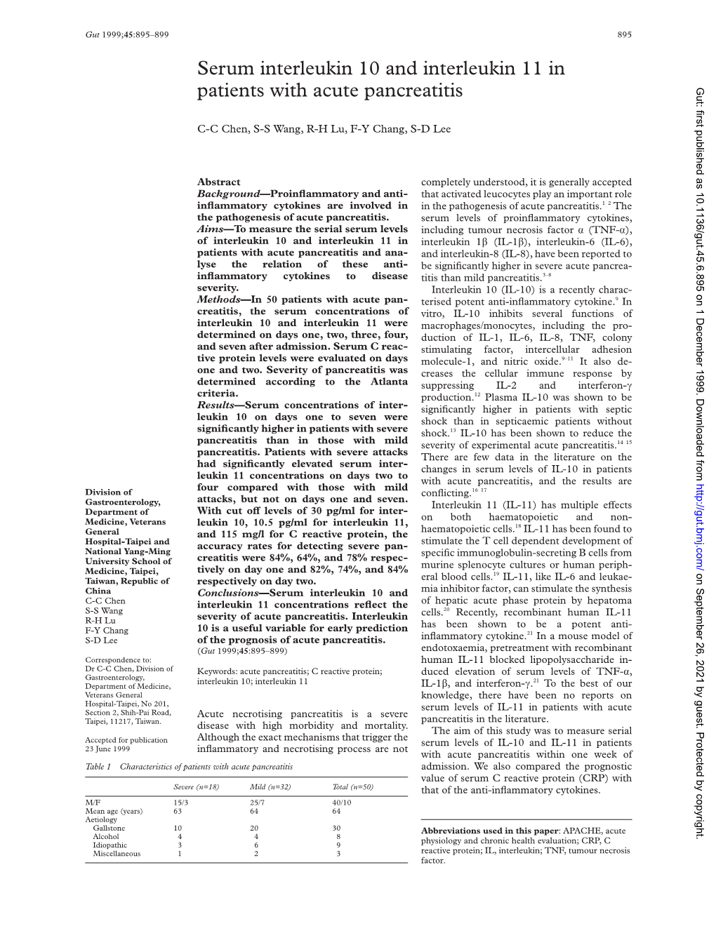 Serum Interleukin 10 and Interleukin 11 in Patients with Acute Pancreatitis Gut: First Published As 10.1136/Gut.45.6.895 on 1 December 1999