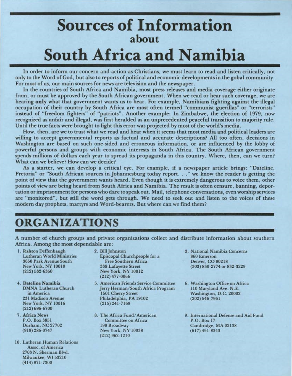 Sources of Information South Africa and Namibia