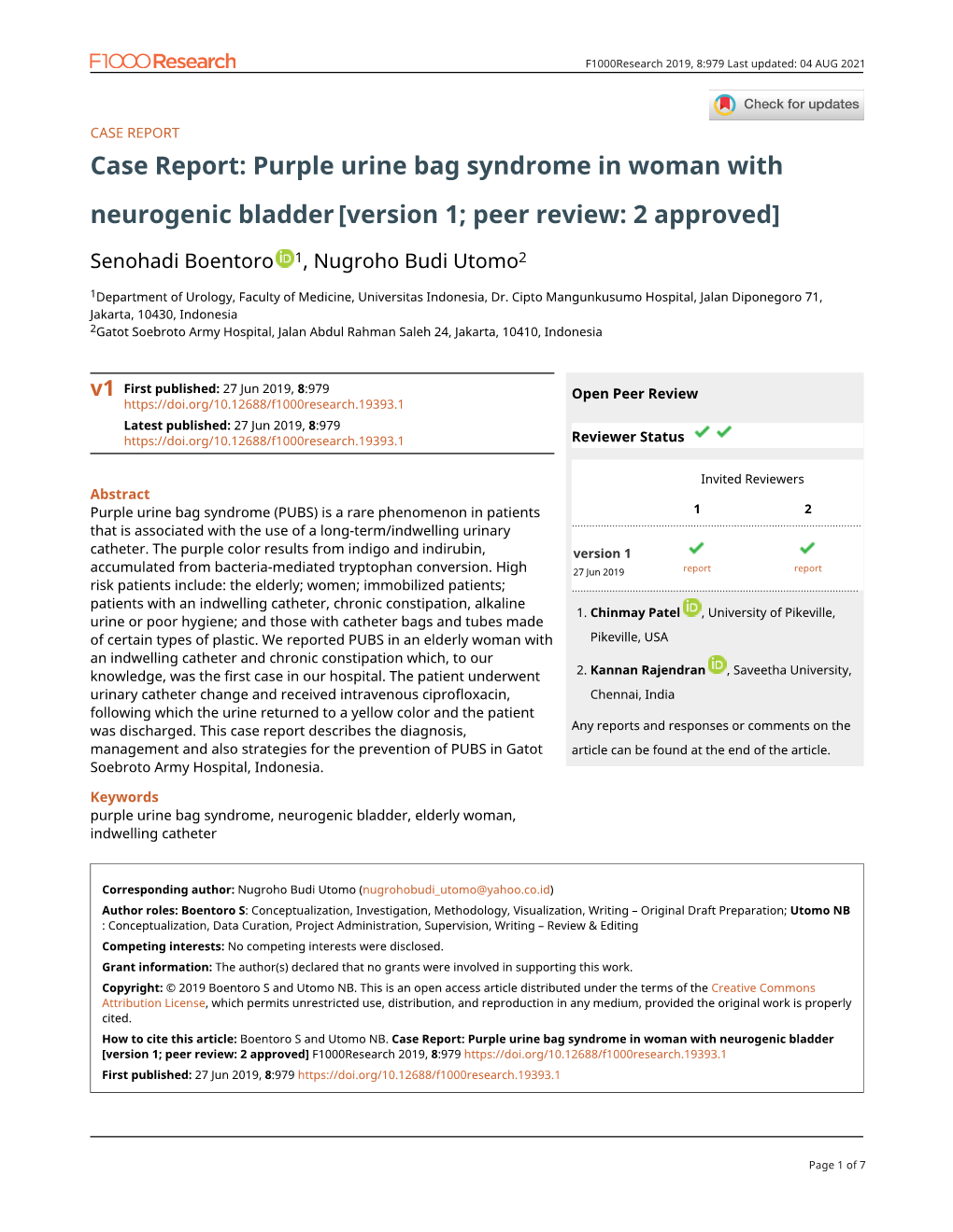 Purple Urine Bag Syndrome in Woman with Neurogenic Bladder [Version 1; Peer Review: 2 Approved]