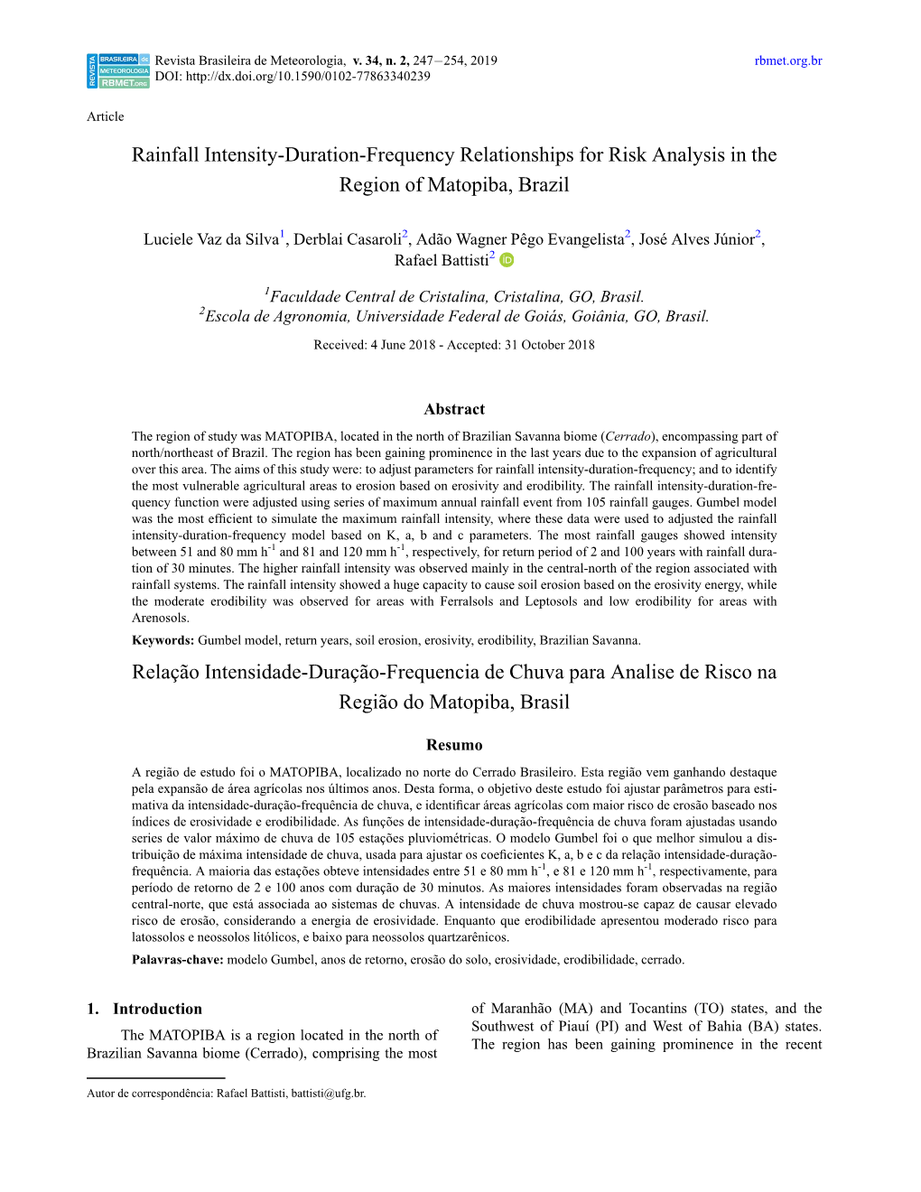 Rainfall Intensity-Duration-Frequency Relationships for Risk Analysis in the Region of Matopiba, Brazil