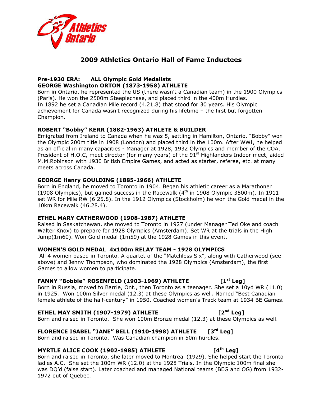 2009 Athletics Ontario Hall of Fame Inductees