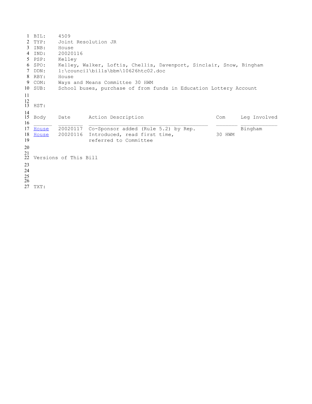 2001-2002 Bill 4509: School Buses, Purchase of from Funds in Education Lottery Account