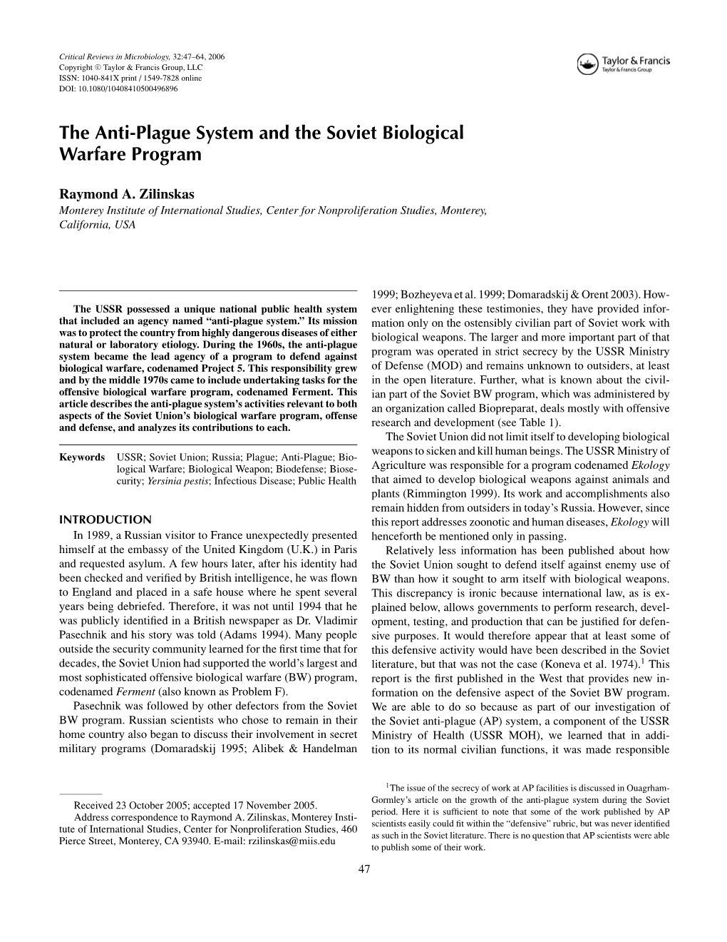 The Anti-Plague System and the Soviet Biological Warfare Program