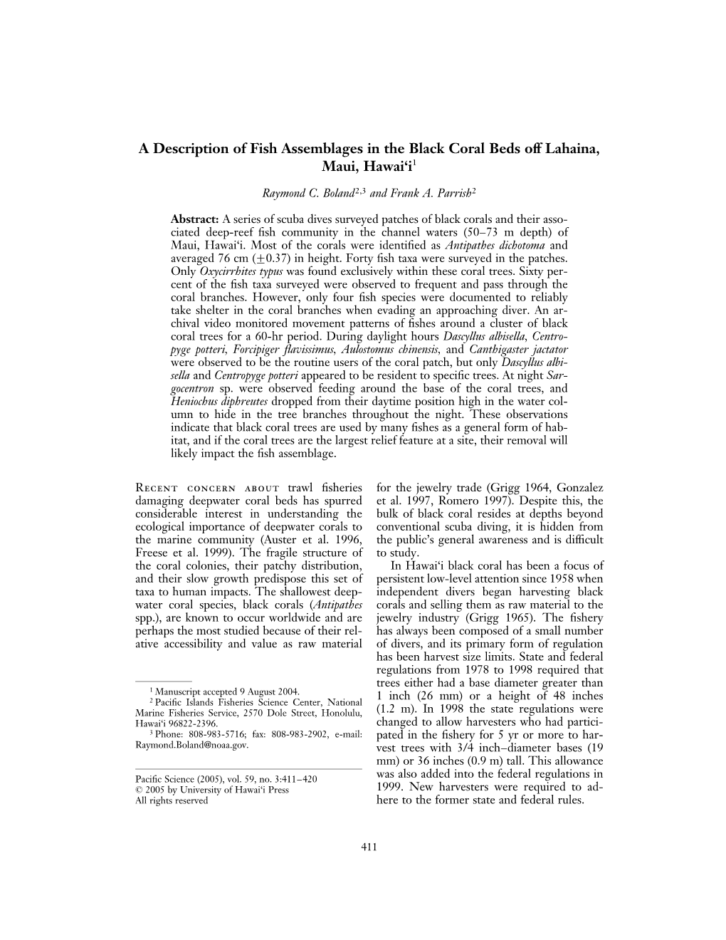 A Description of Fish Assemblages in the Black Coral Beds Off Lahaina, Maui, Hawai'i1