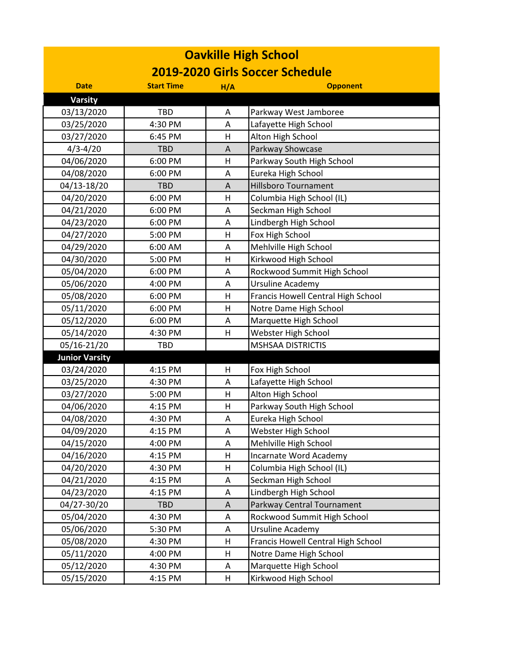 Oavkille High School 2019-2020 Girls Soccer Schedule