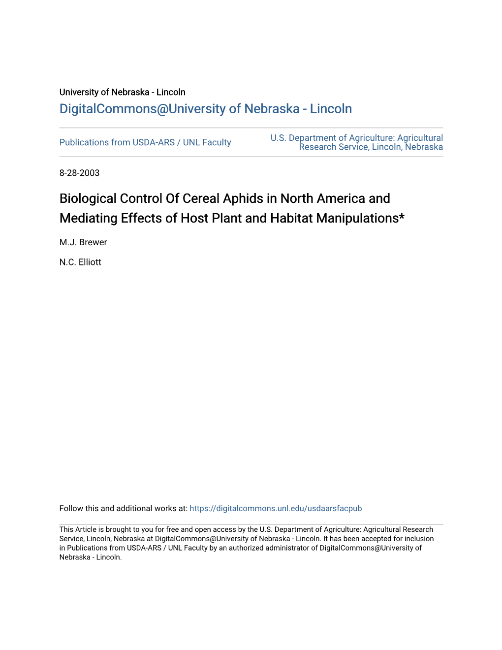 Biological Control of Cereal Aphids in North America and Mediating Effects of Host Plant and Habitat Manipulations*