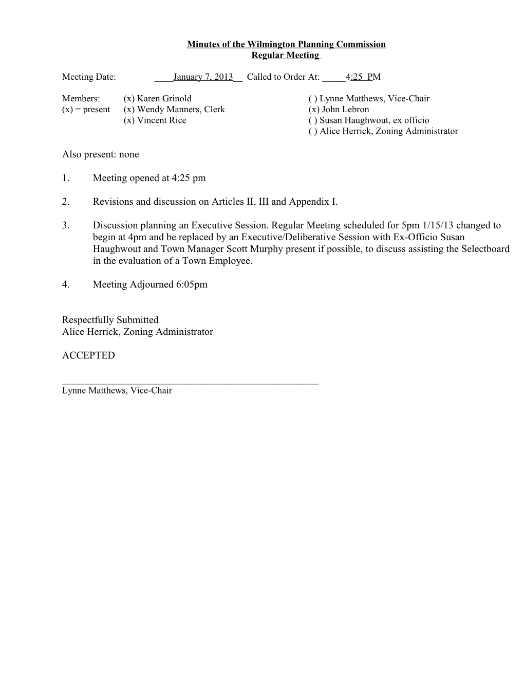 Minutes Of The Wilmington Planning Commission