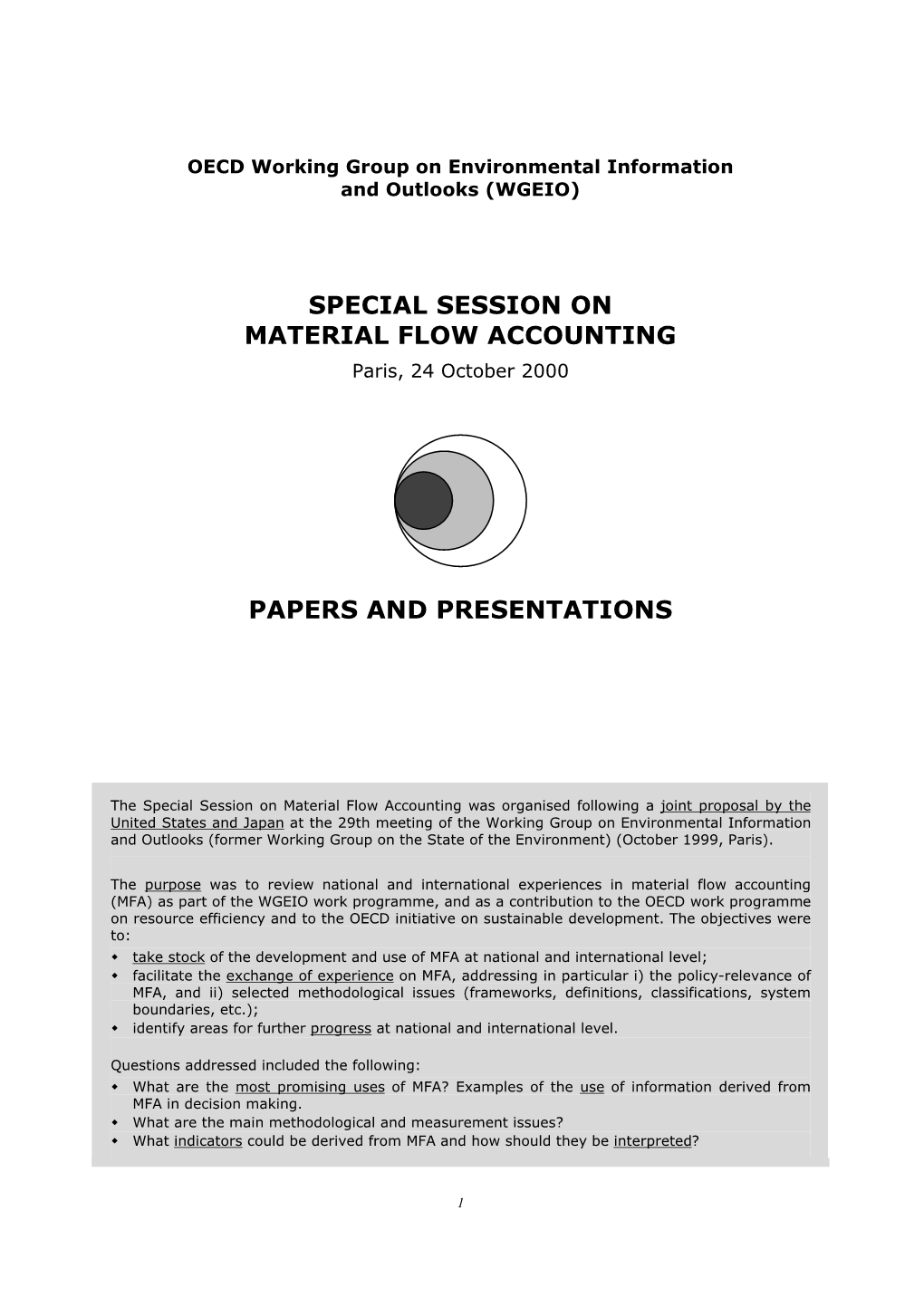 SPECIAL SESSION on MATERIAL FLOW ACCOUNTING Paris, 24 October 2000