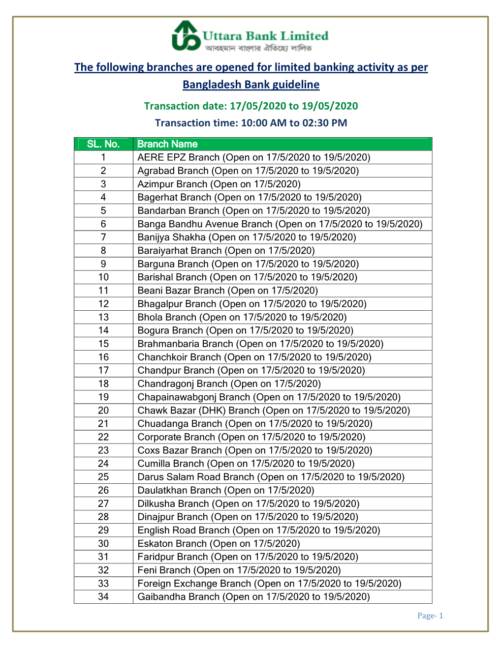 The Following Branches Are Opened for Limited Banking Activity As Per Bangladesh Bank Guideline