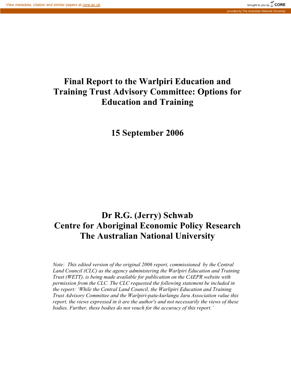 Final Report to the Warlpiri Education and Training Trust Advisory Committee: Options for Education and Training