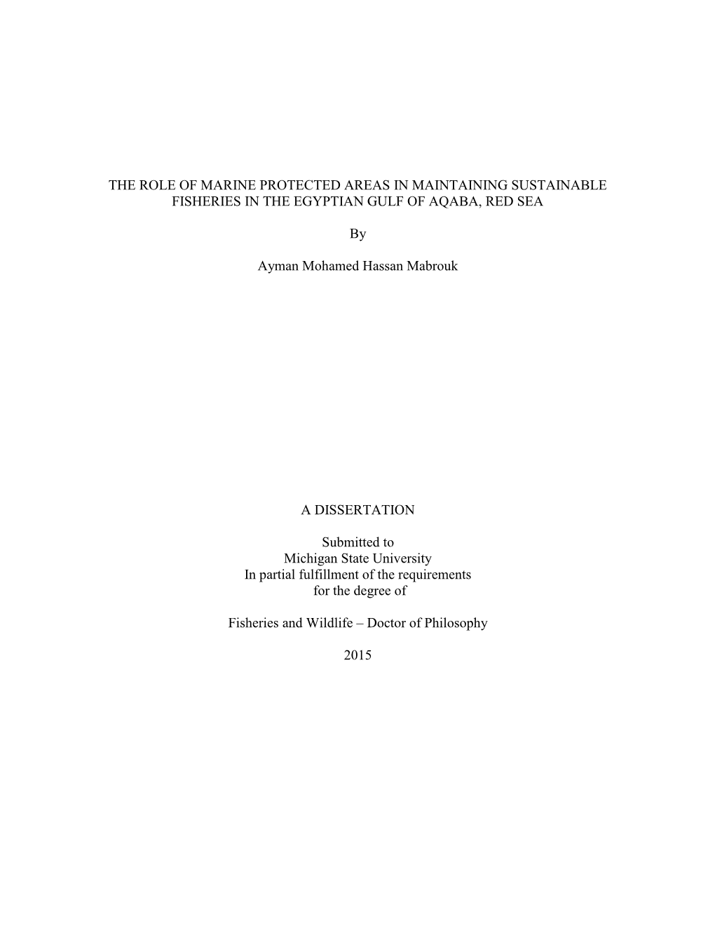 The Role of Marine Protected Areas in Maintaining Sustainable Fisheries in the Egyptian Gulf of Aqaba, Red Sea