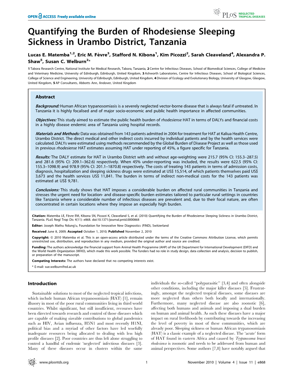 Quantifying the Burden of Rhodesiense Sleeping Sickness in Urambo District, Tanzania