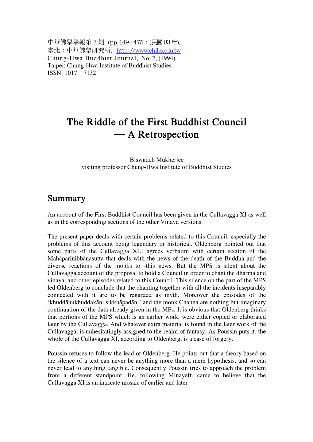 The Riddle of the First Buddhist Council a Retrospection