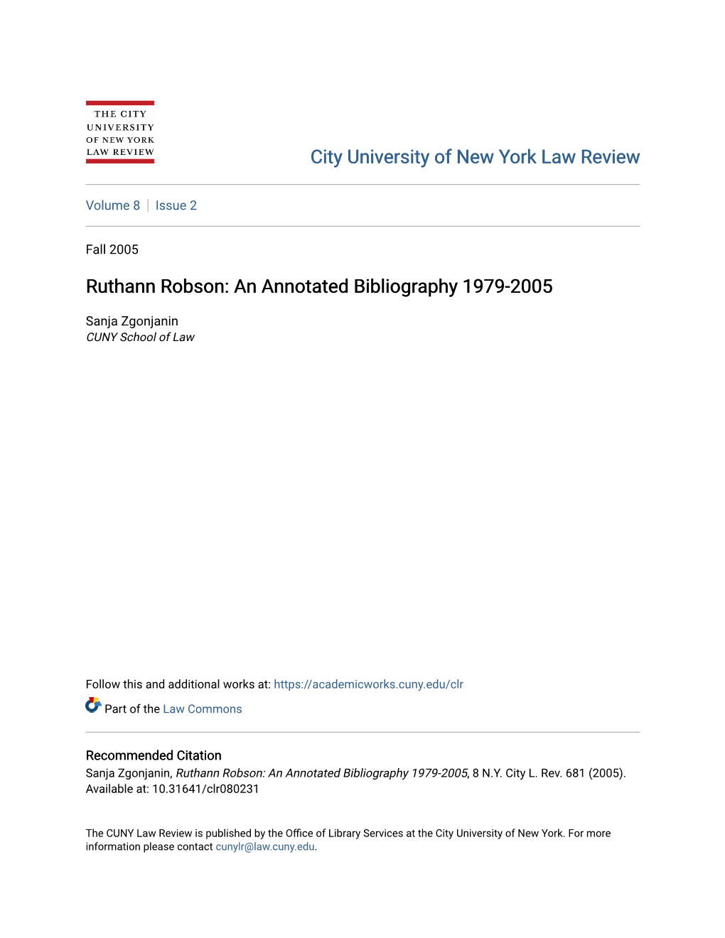 Ruthann Robson: an Annotated Bibliography 1979-2005