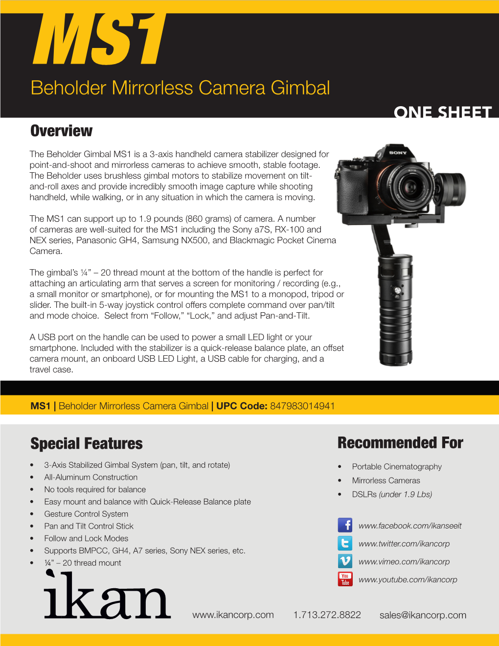 Beholder Mirrorless Camera Gimbal ONE SHEET Overview