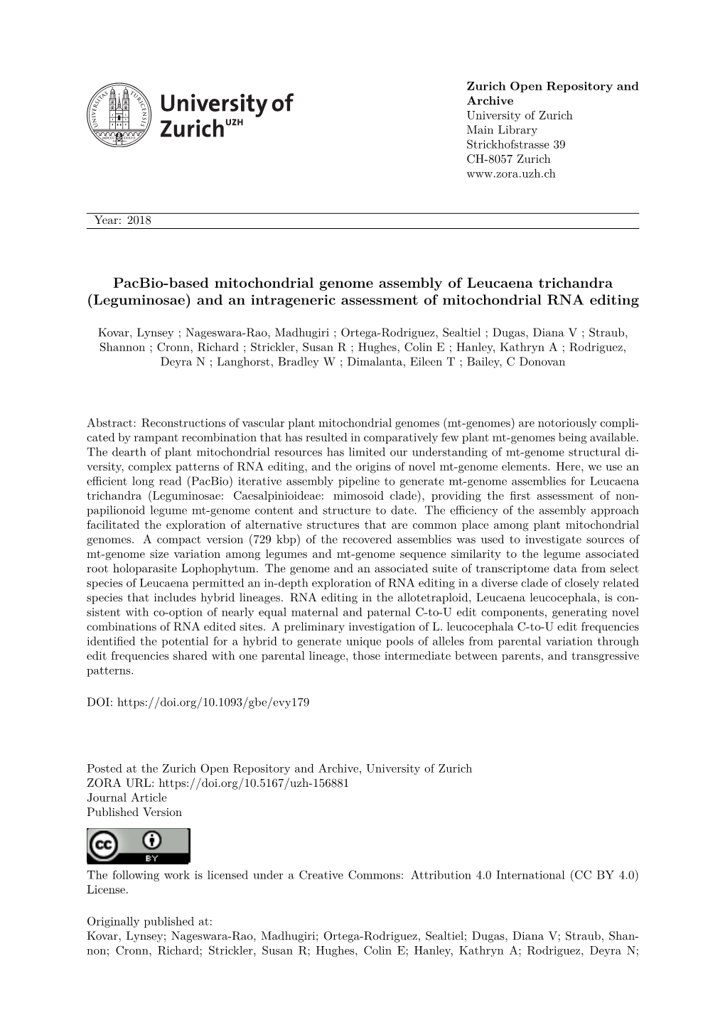 Pacbio-Based Mitochondrial Genome Assembly of Leucaena Trichandra (Leguminosae) and an Intrageneric Assessment of Mitochondrial RNA Editing