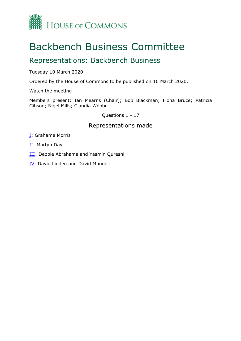 Backbench Business Committee Representations: Backbench Business