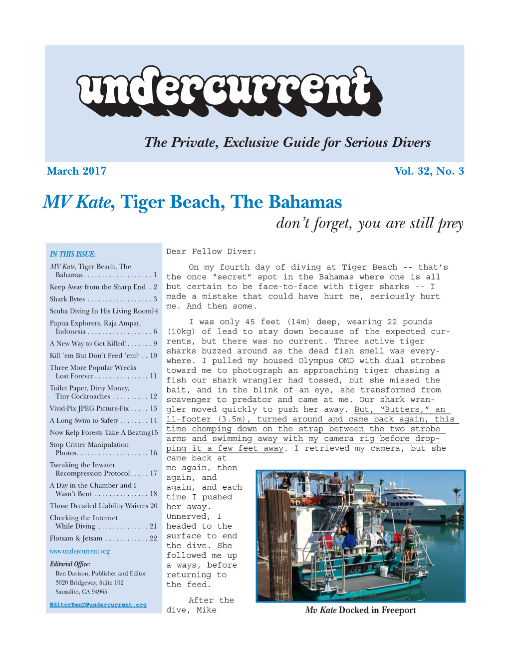MV Kate, Tiger Beach, the Bahamas + [Other Articles] Undercurrent
