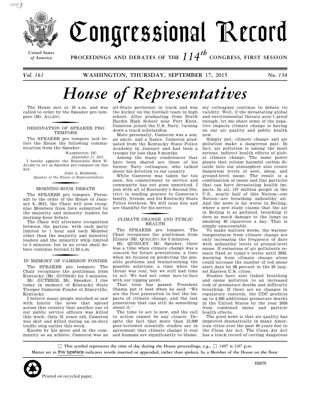 Congressional Record United States Th of America PROCEEDINGS and DEBATES of the 114 CONGRESS, FIRST SESSION