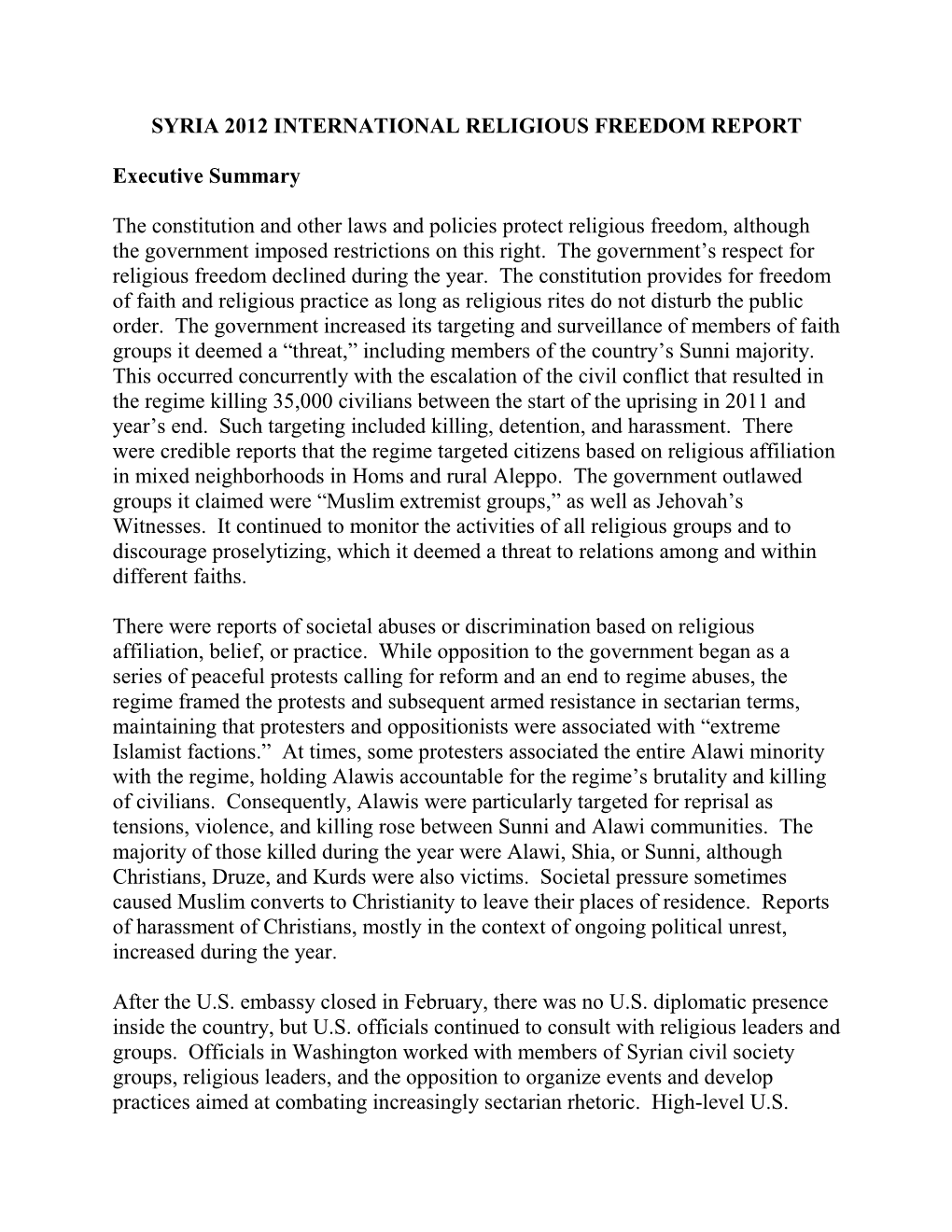 Syria 2012 International Religious Freedom Report