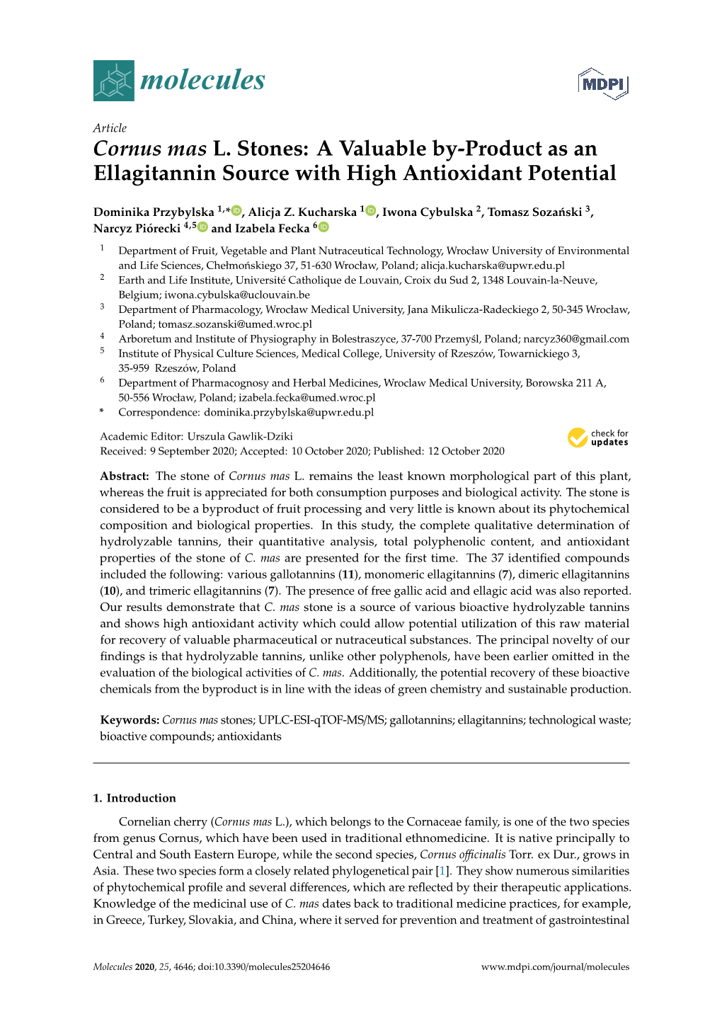 Cornus Mas L. Stones: a Valuable By-Product As an Ellagitannin Source with High Antioxidant Potential