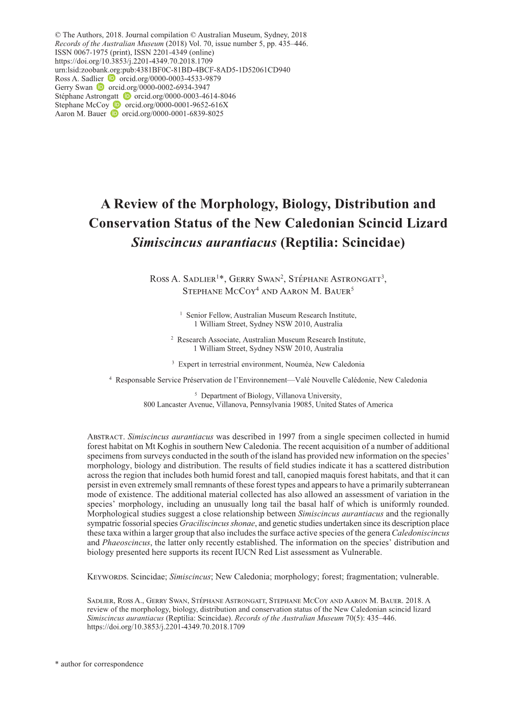 A Review of the Morphology, Biology, Distribution and Conservation Status of the New Caledonian Scincid Lizard Simiscincus Aurantiacus (Reptilia: Scincidae)