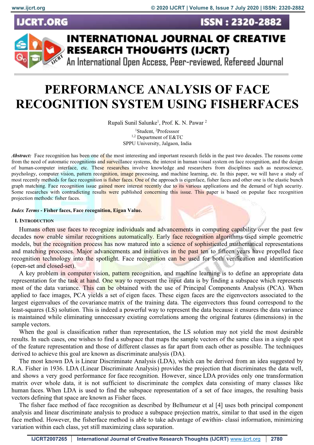 Performance Analysis of Face Recognition System Using Fisherfaces