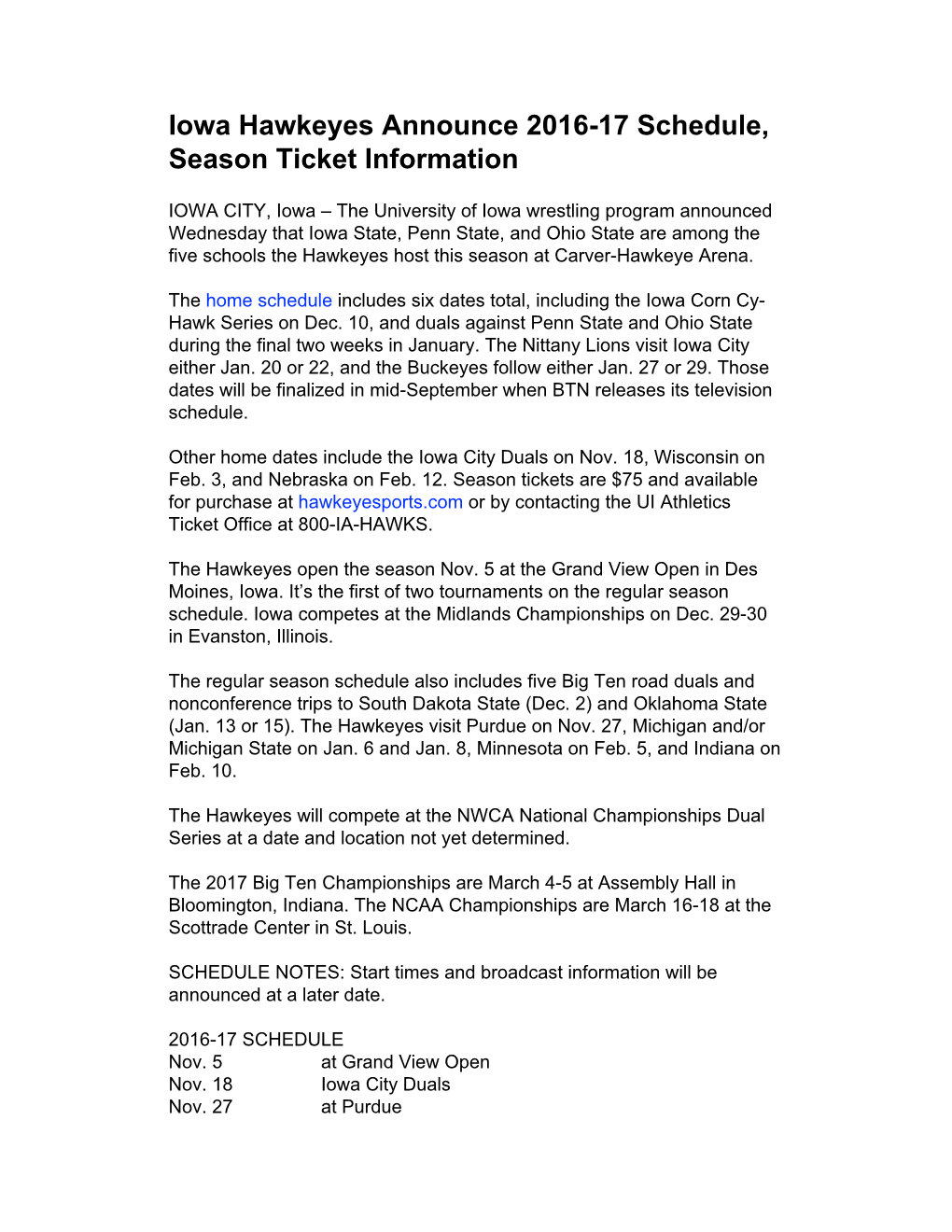 Iowa Hawkeyes Announce 2016-17 Schedule, Season Ticket Information