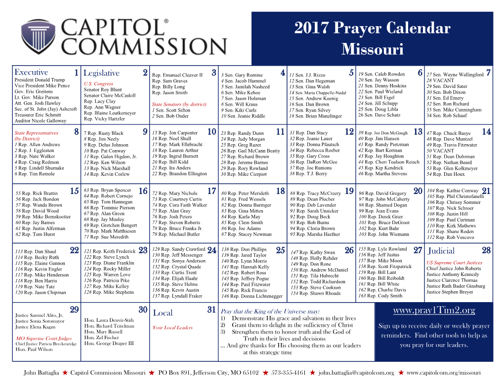 2017 Prayer Calendar Missouri