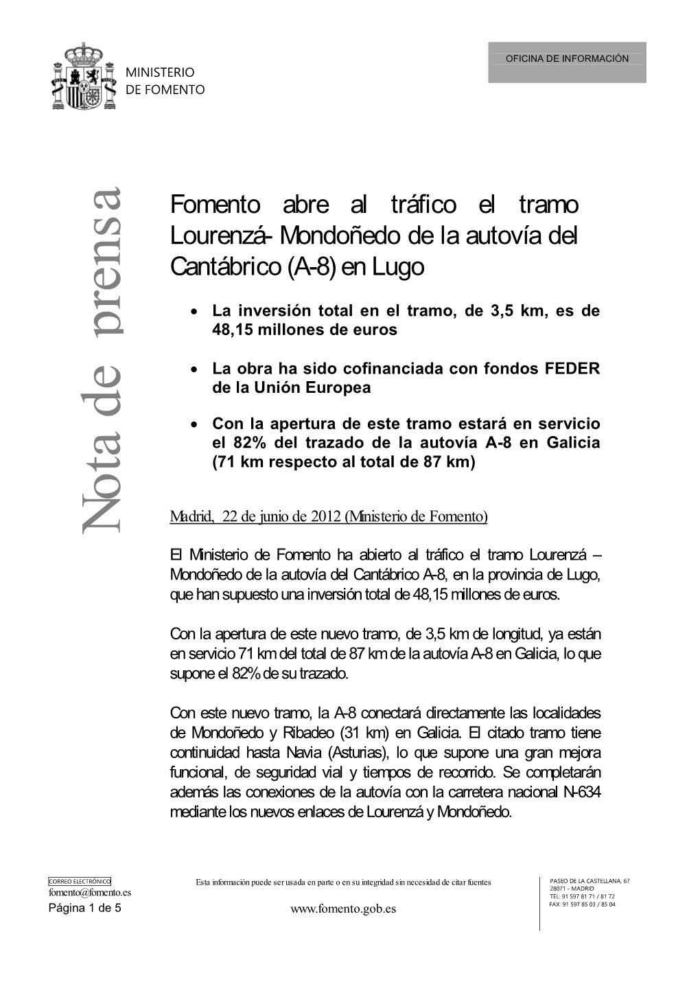 Fomento Abre Al Tráfico El Tramo Lourenzá- Mondoñedo De La Autovía Del Cantábrico (A-8) En Lugo