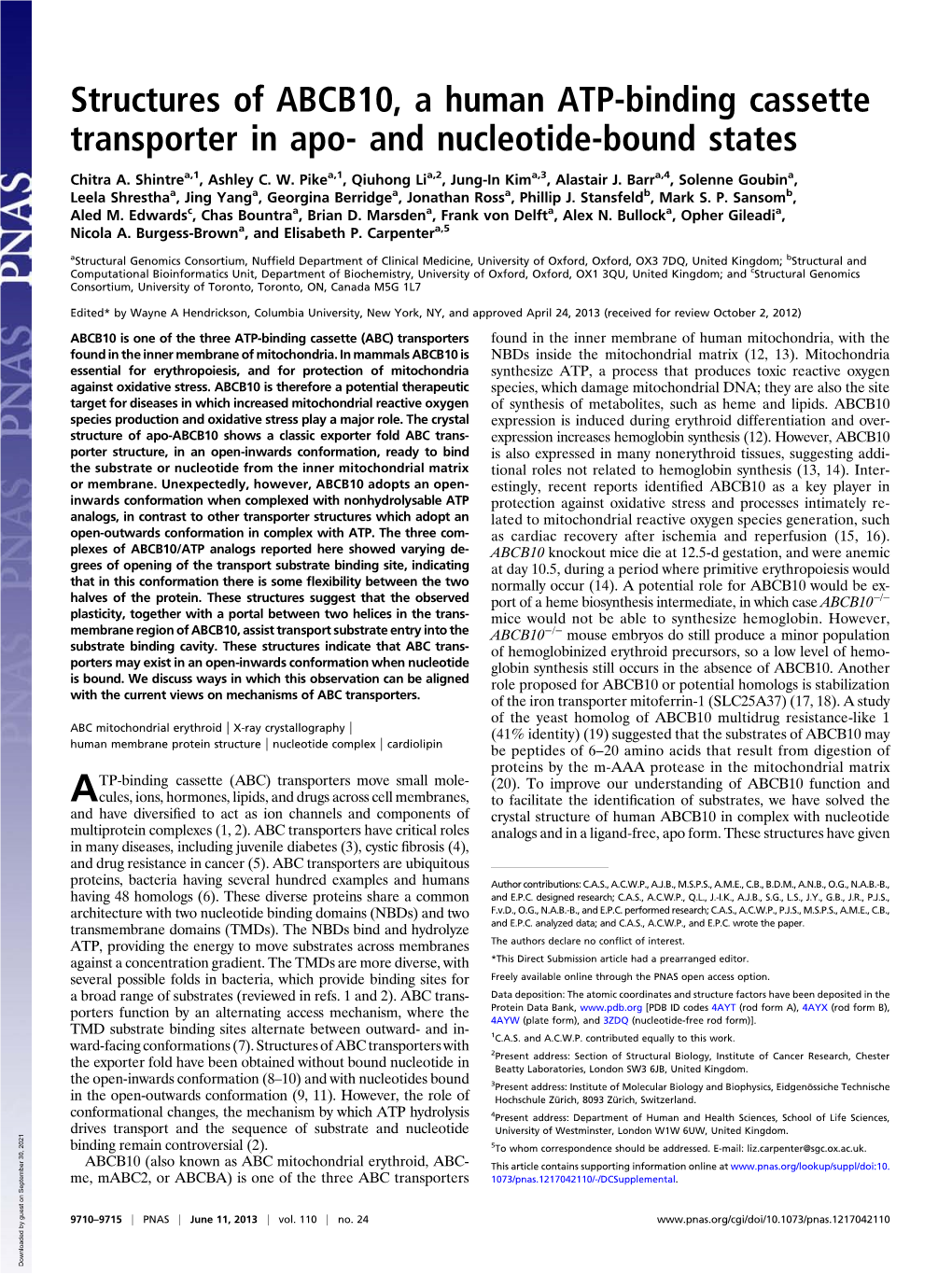 Structures of ABCB10, a Human ATP-Binding Cassette Transporter in Apo- and Nucleotide-Bound States