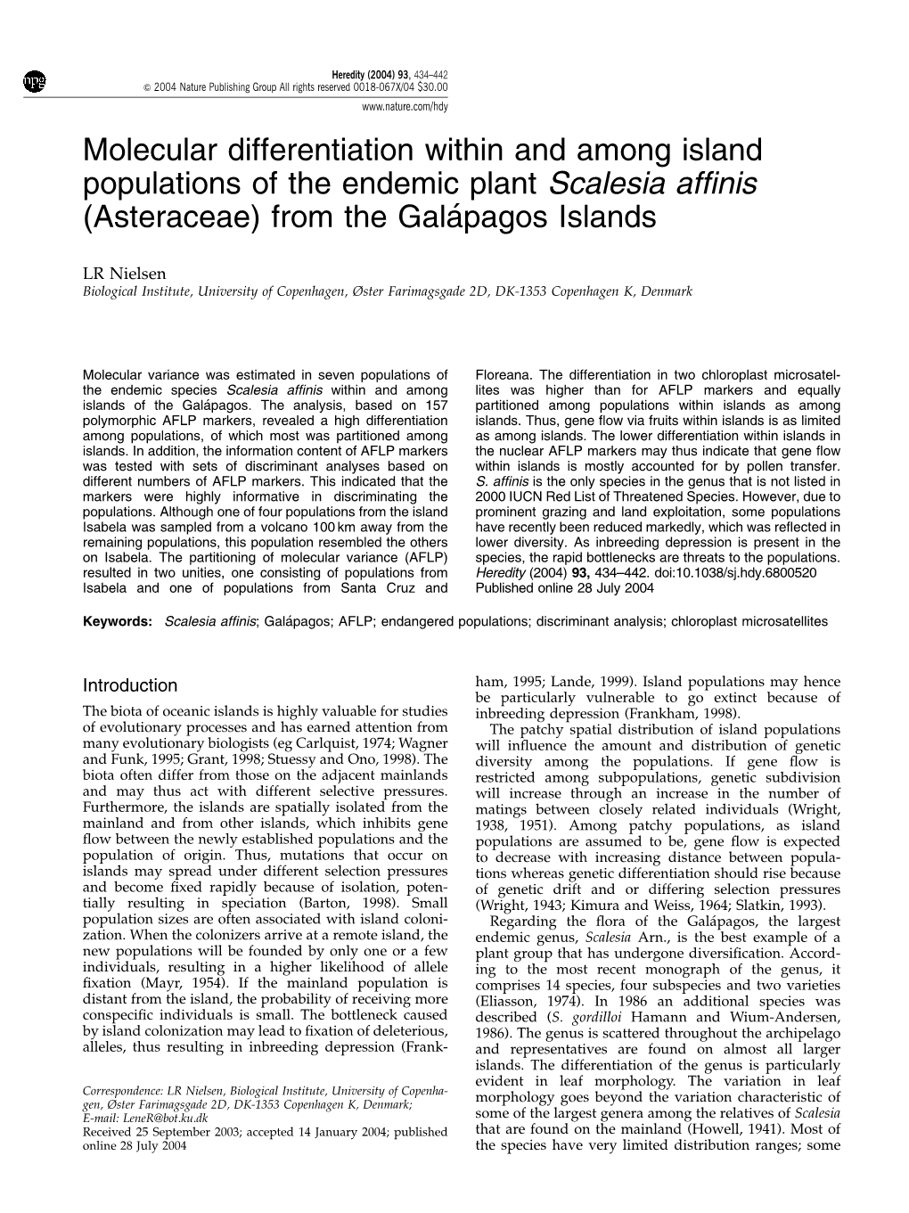 Molecular Differentiation Within and Among Island Populations of the Endemic Plant Scalesia Afﬁnis (Asteraceae) from the Gala´Pagos Islands