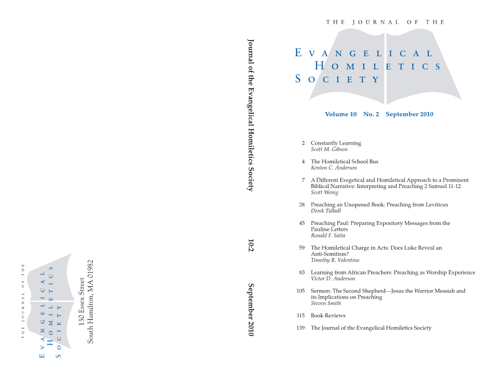 Journal of the Evangelical Homiletics Society 10:2 September 2010 130 Essex Street South Hamilton, MA 01982