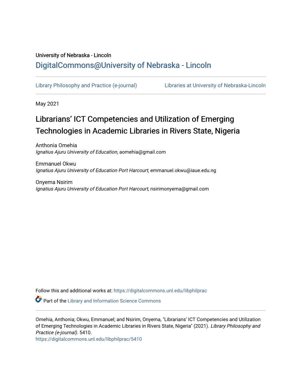 Librarians' ICT Competencies and Utilization of Emerging