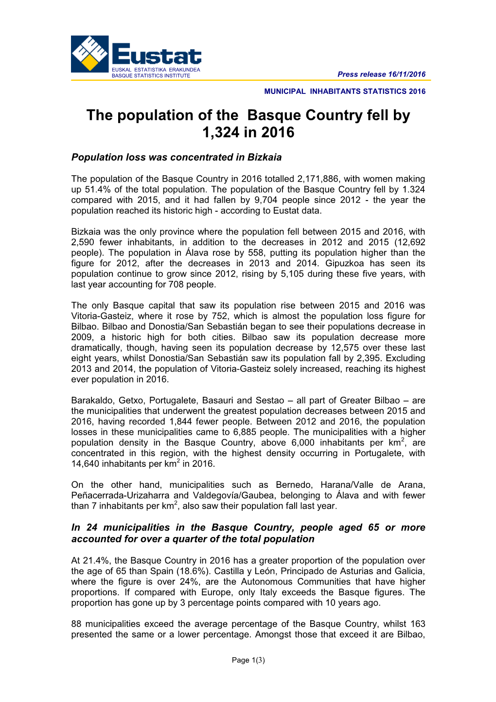 MUNICIPAL INHABITANTS STATISTICS 2016. the Population