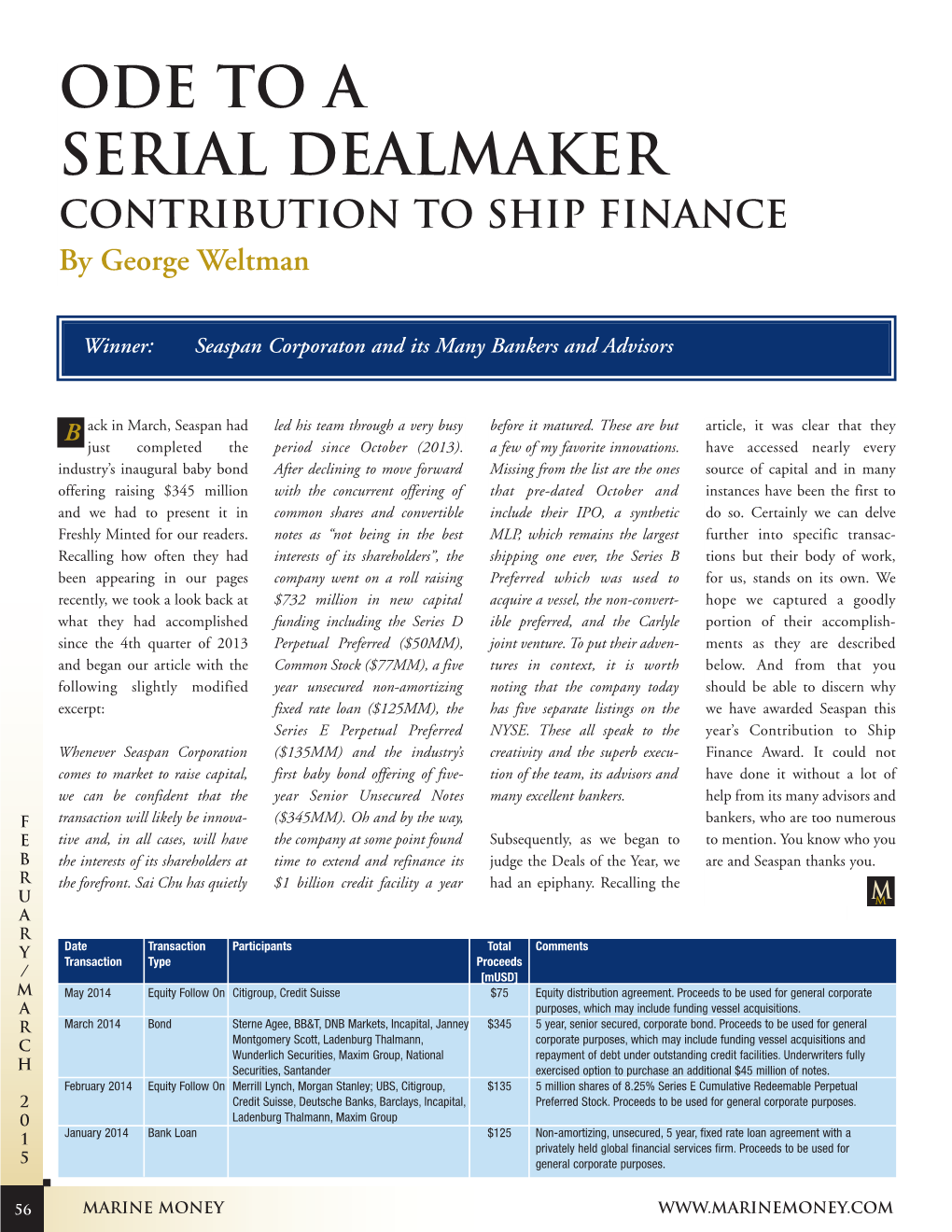 Ode to a Serial Dealmaker Contribution to Ship Finance by George Weltman